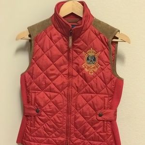 Ralph Lauren Blue Label Women Sport Quilted Vest Red small Leather trim Zip Up